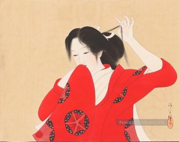 Bijin en kimono rouge japonais Peinture à l'huile